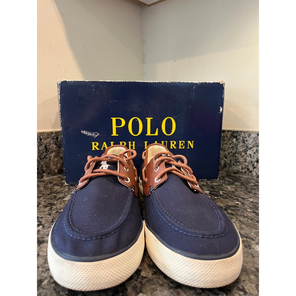 Polo Ralph Lauren Franz Mens Boat Shoes Navy Blue Brown Canvas Loafers Size 9D - Picture 3 of 10
